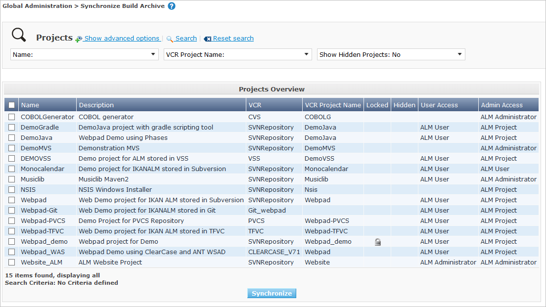 GlobAdm SynchBuildArchive screen