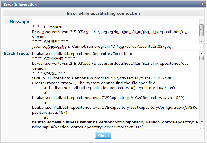 GlobAdm VCR CVS Create Connection Error