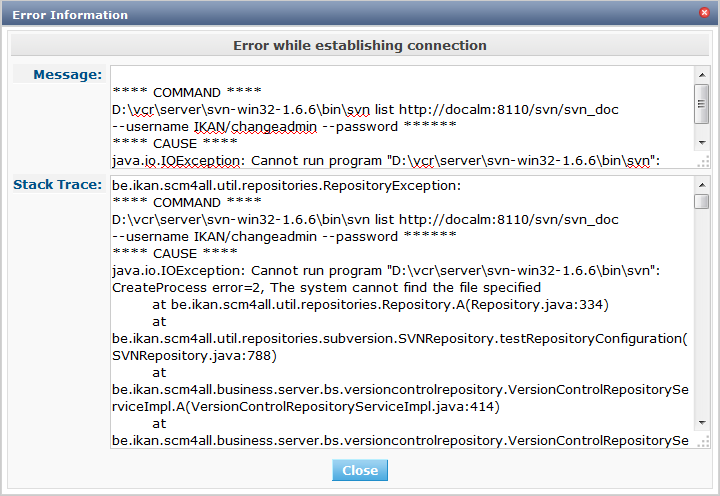 GlobAdm VCR Subversion Create Connection Error