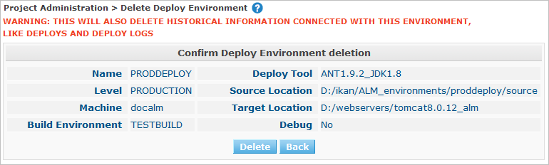 ProjAdmin DeployEnv Delete