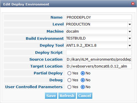 ProjAdmin DeployEnv Edit popup