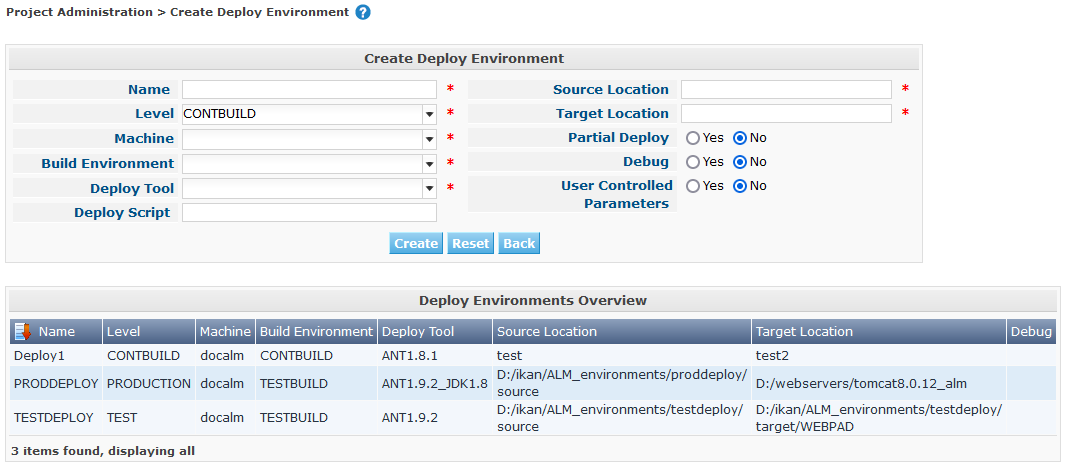 ProjAdmin Levels DeployEnv Create