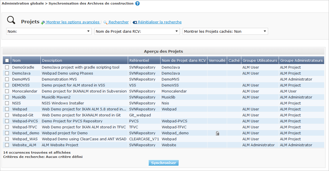 GlobAdm SynchBuildArchive screen